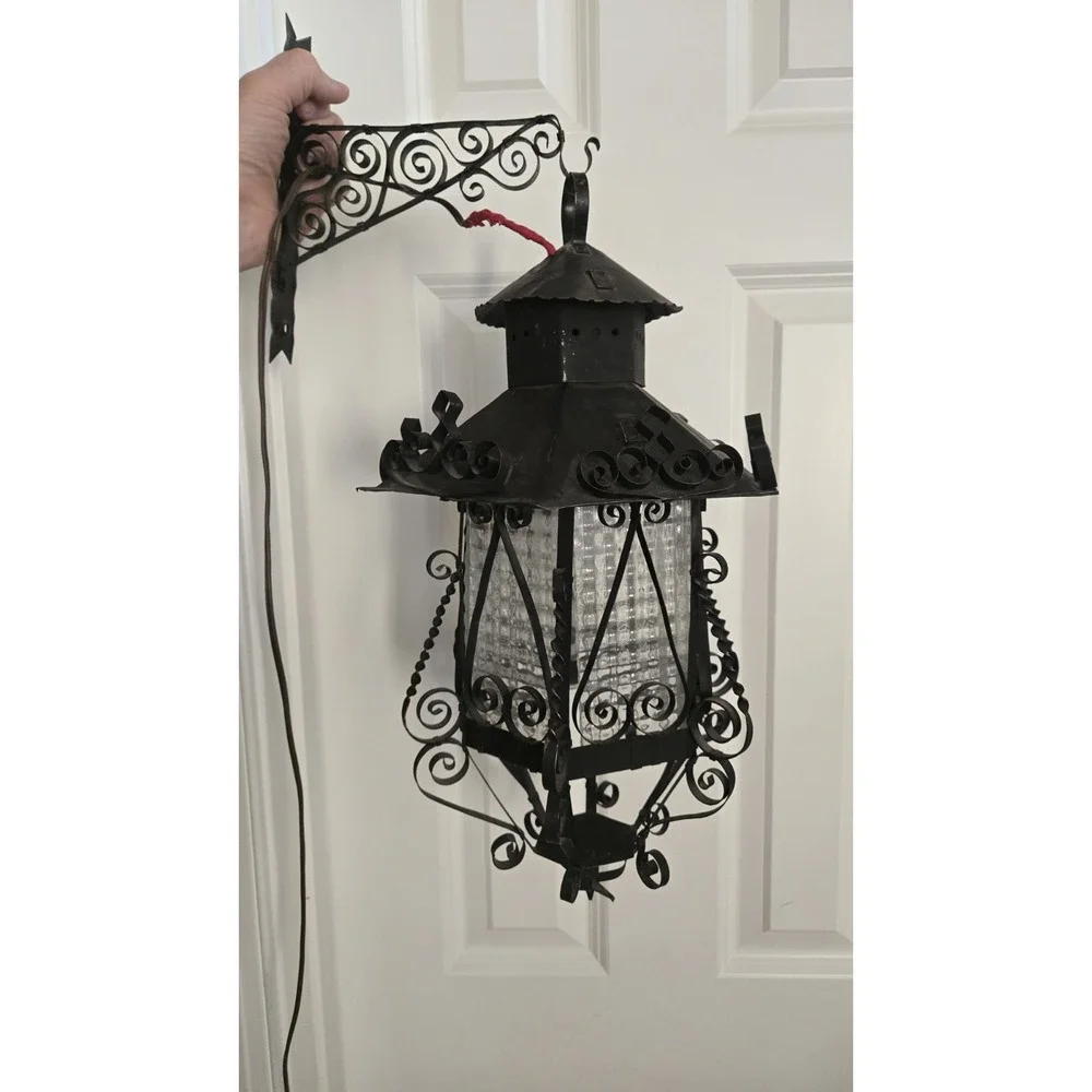 Antique Lantern  Iron Pendant Chandelier Scrolled Glass Gothic Spanish‎ Revival